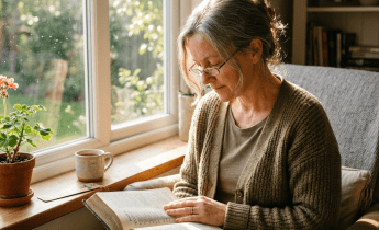 Woman reading a book while sitting by a window with sunlight and a potted plant nearby