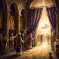 Robe-clad worshippers face a radiant temple doorway behind purple and gold curtains