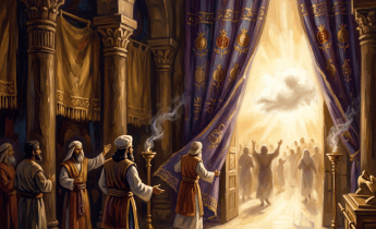 Robe-clad worshippers face a radiant temple doorway behind purple and gold curtains