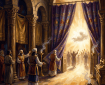 Robe-clad worshippers face a radiant temple doorway behind purple and gold curtains